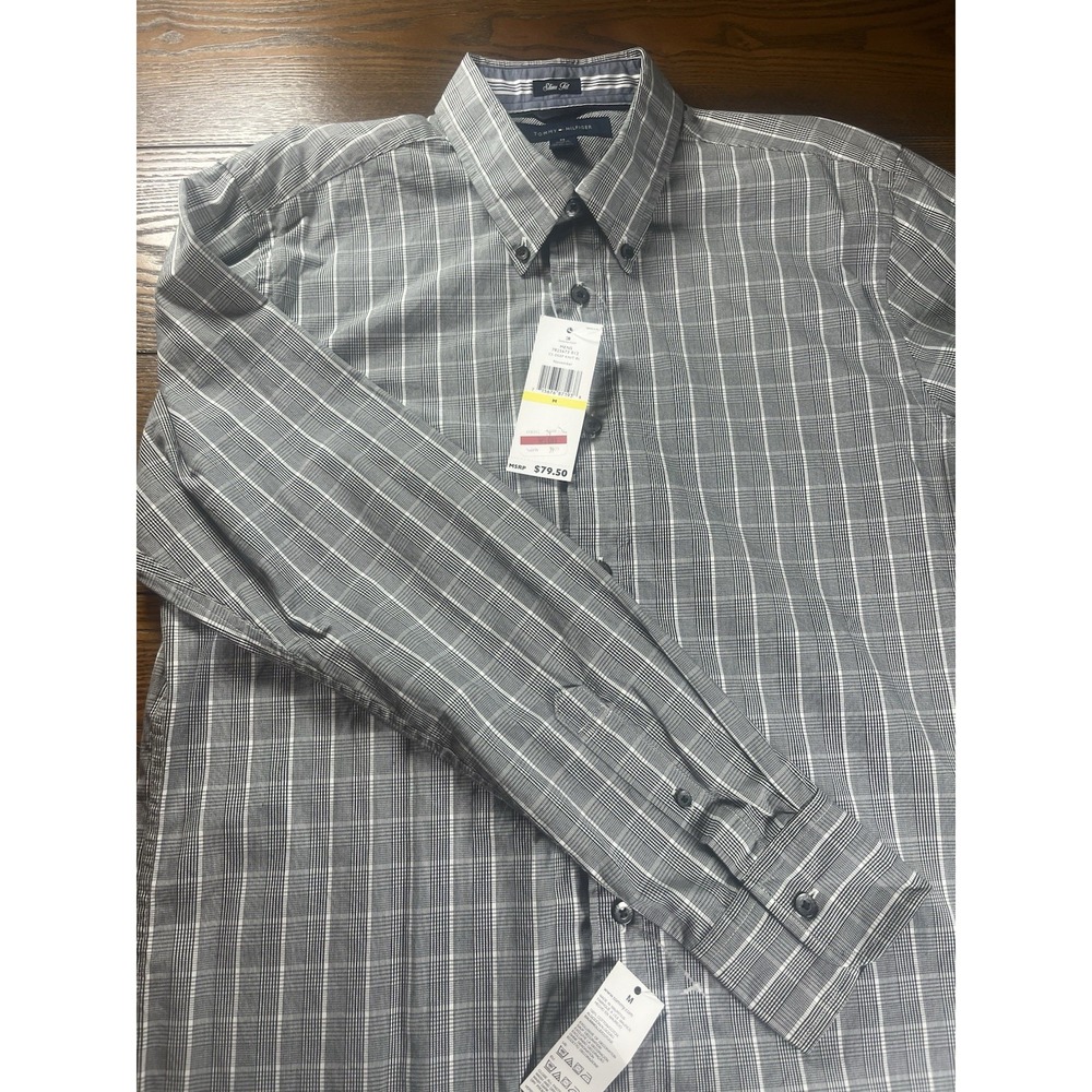 NEW Tommy Hilfiger Mens Plaid Button Down Shirt M Gray Slim Fit Long Sleeve NWT